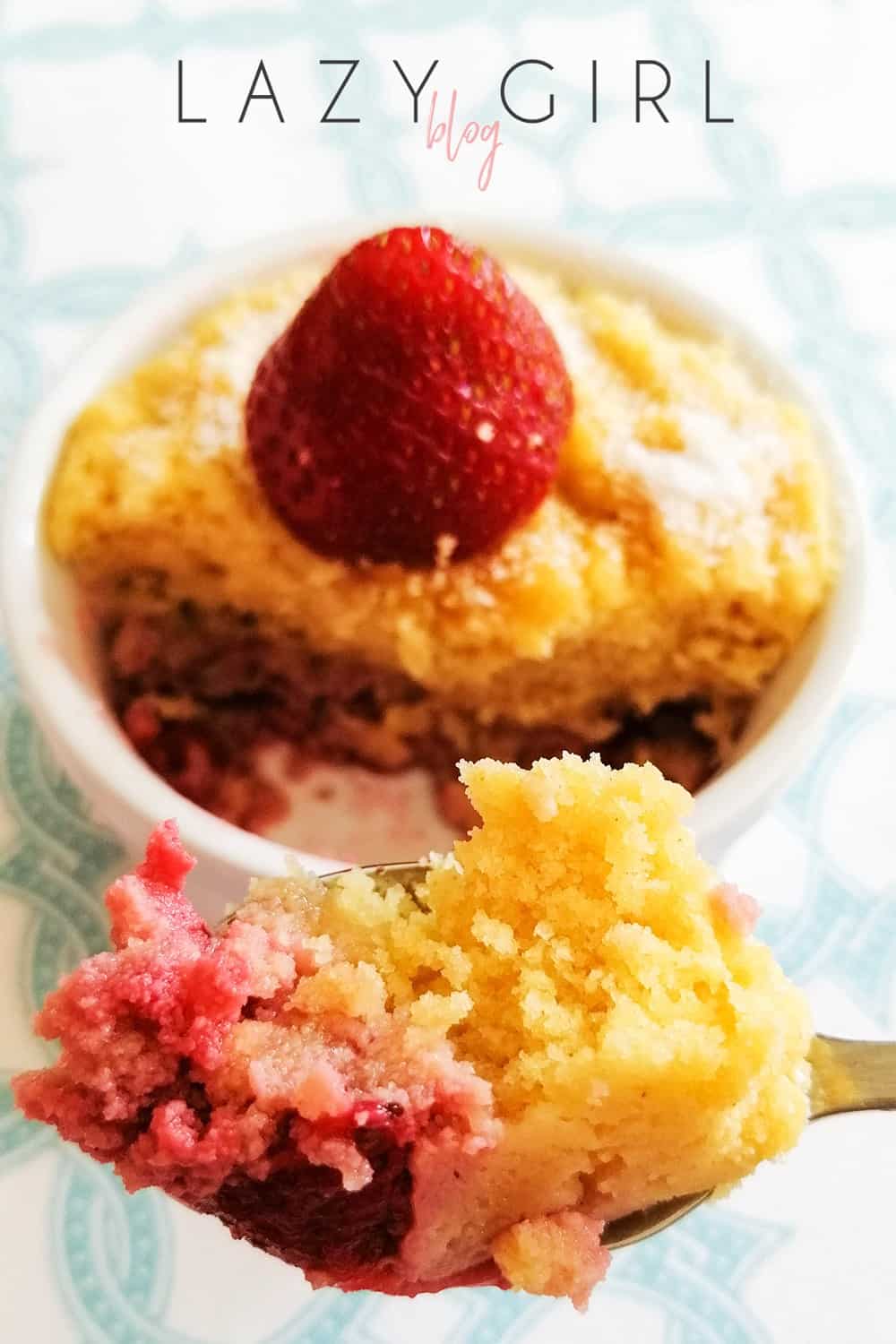 This loEasy Keto Strawberry Mug Cake Recipe.w carb keto strawberry mug cake is super easy to make and yummy but it also looks good! The texture is so fluffy, yet dense enough to feel like an authentic cake. The strawberries also help to keep the cake moist. #ketomugcake #easyrecipe #microwavemugcake #strawberrymugcake