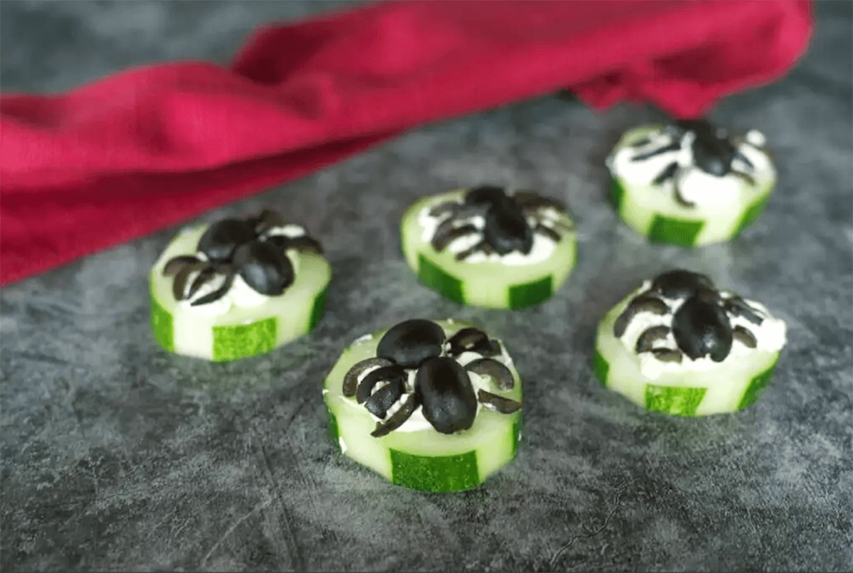 Keto Halloween Cucumber Spiders.