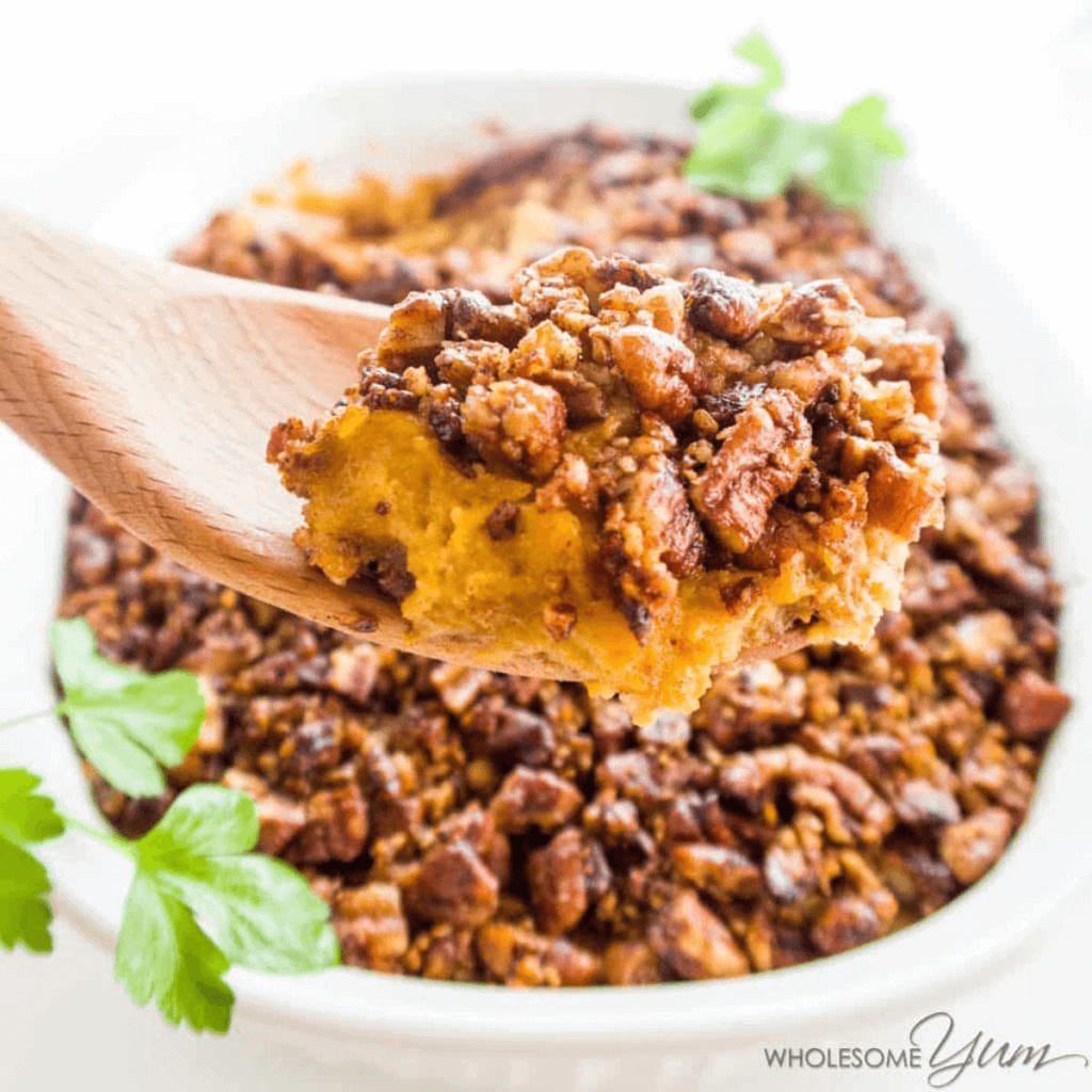 Healthy Low Carb Keto Sweet Potato Casserole Recipe.